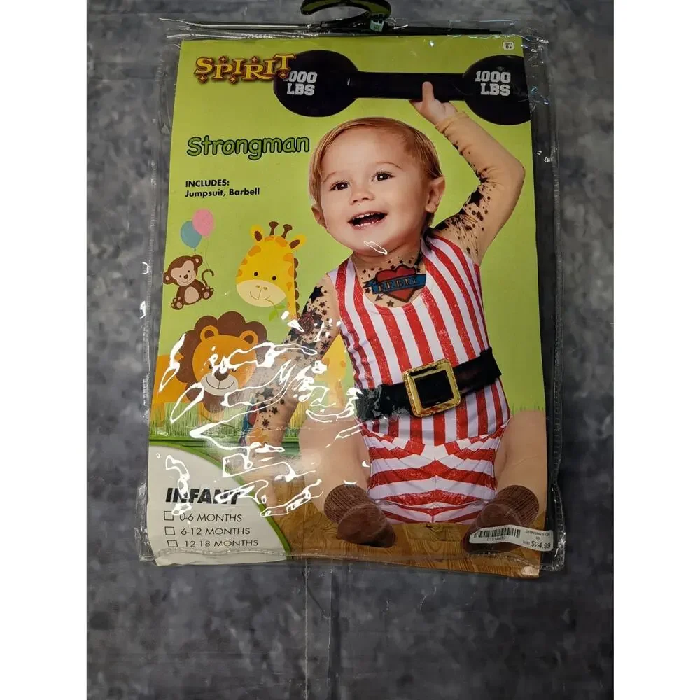 NEW! Spirit Halloween Strongman Infant Costume Jumpsuit With Barbell Size 6-12 M - Picture 1 of 12